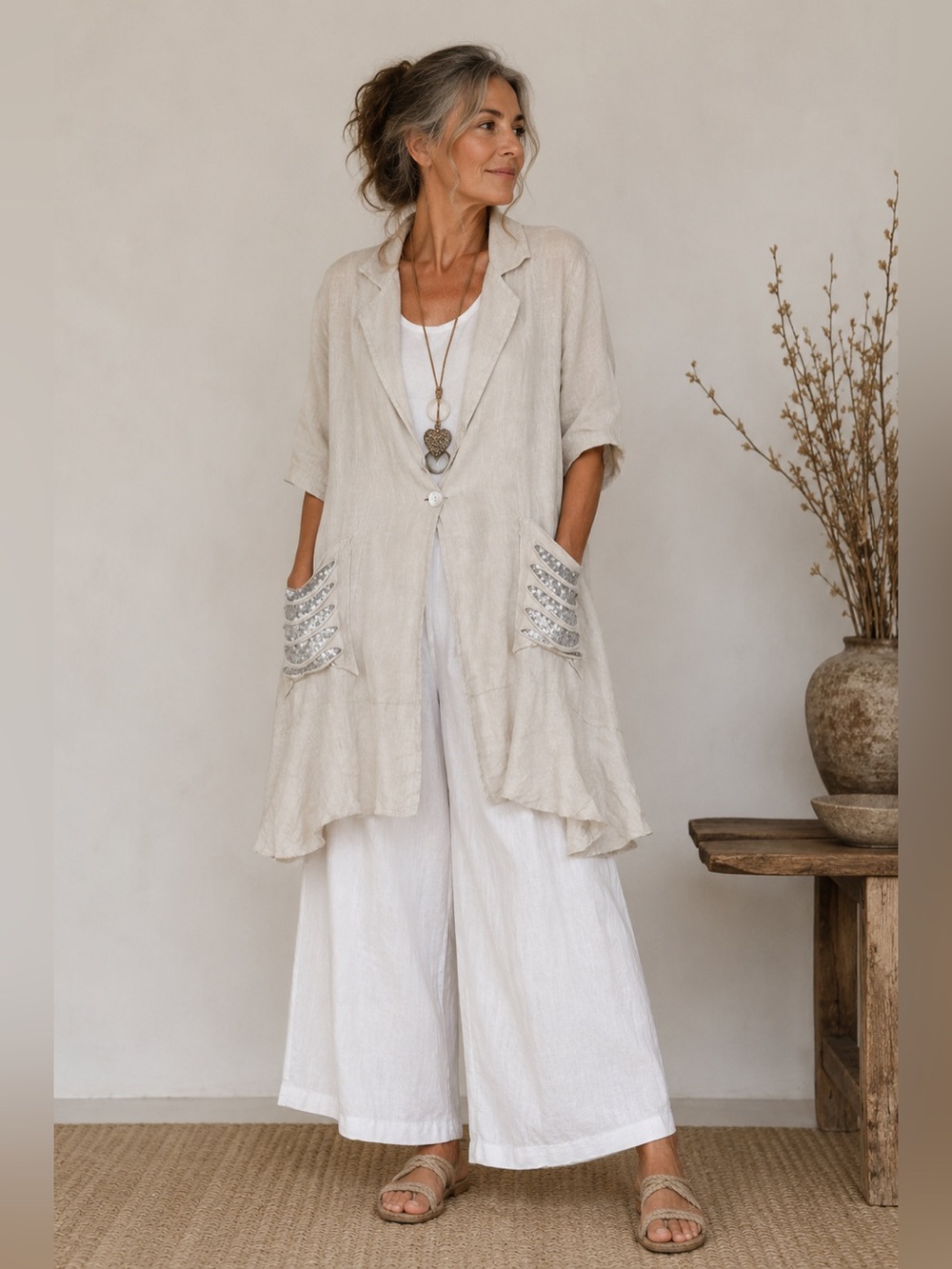 Bella Amore Cream Linen Longline Flouncy Jacket Boho-Lagenlook Size L/XL